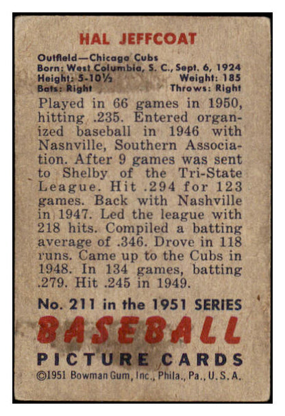1951 Bowman Baseball #211 Hal Jeffcoat Cubs VG 488833