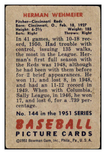 1951 Bowman Baseball #144 Herman Wehmeier Reds VG 488837