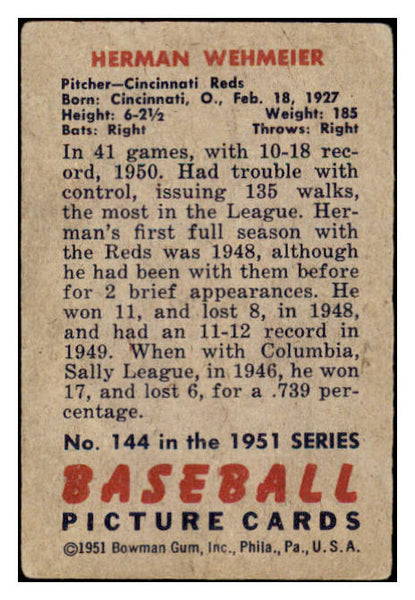 1951 Bowman Baseball #144 Herman Wehmeier Reds VG 488837