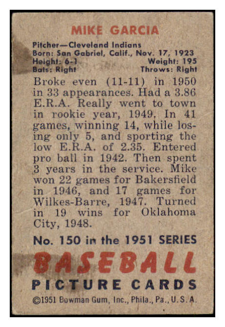 1951 Bowman Baseball #150 Mike Garcia Indians VG 488924