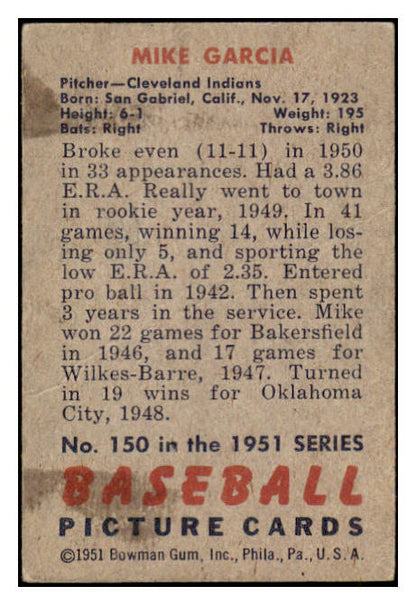 1951 Bowman Baseball #150 Mike Garcia Indians VG 488924