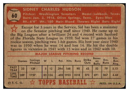 1952 Topps Baseball #060 Sid Hudson Senators Good Red 489298