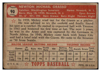 1952 Topps Baseball #090 Mickey Grasso Senators VG 489335