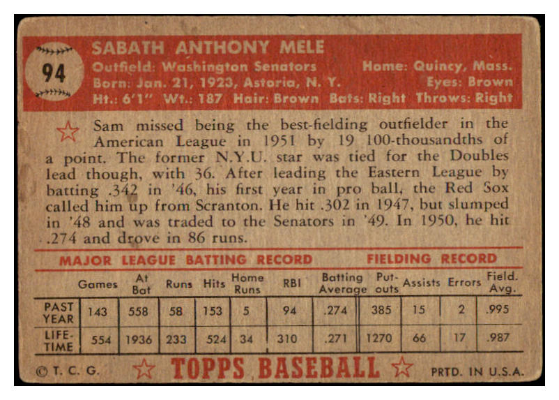 1952 Topps Baseball #094 Sam Mele Senators VG 489339
