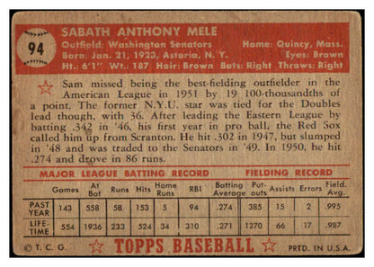 1952 Topps Baseball #094 Sam Mele Senators VG 489339