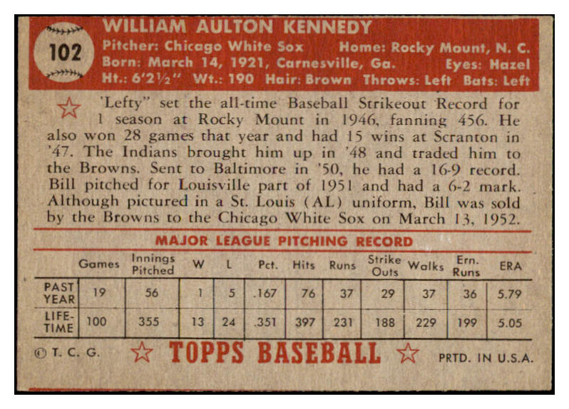 1952 Topps Baseball #102 Bill Kennedy Browns GD-VG 489346