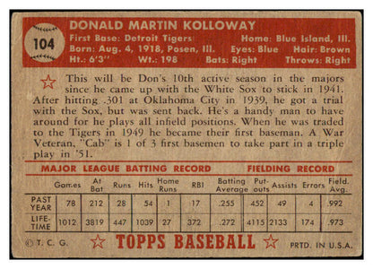 1952 Topps Baseball #104 Don Kolloway Tigers VG 489348