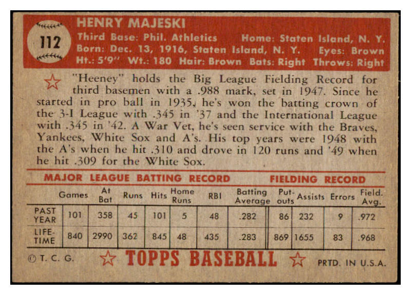 1952 Topps Baseball #112 Hank Majeski A's VG 489356