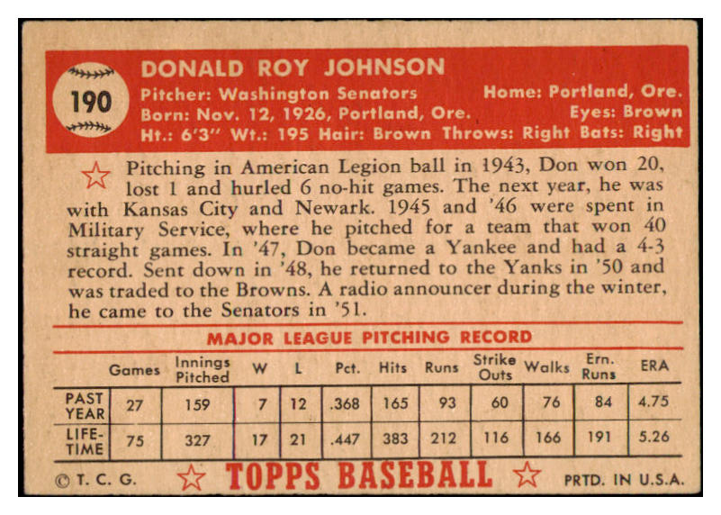 1952 Topps Baseball #190 Don Johnson Senators VG 489433