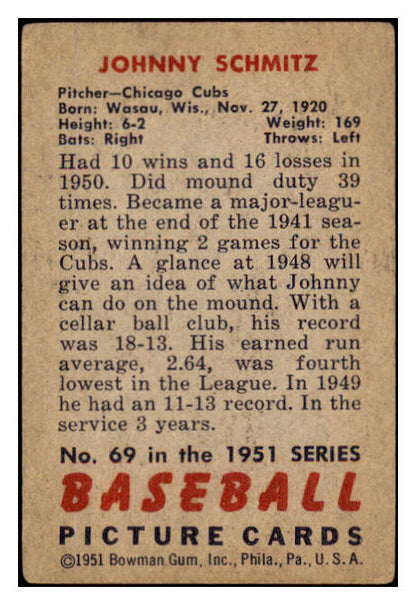 1951 Bowman Baseball #069 Johnny Schmitz Cubs VG-EX 489606