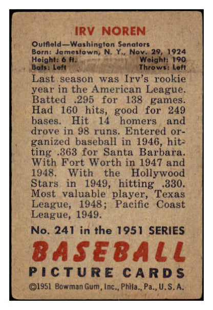 1951 Bowman Baseball #241 Irv Noren Senators VG-EX 489607