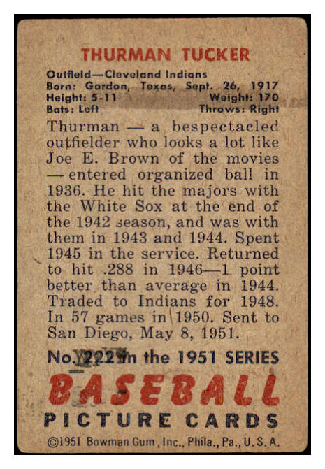 1951 Bowman Baseball #222 Thurman Tucker Indians VG-EX 489608