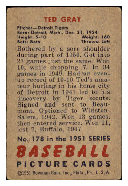1951 Bowman Baseball #178 Ted Gray Tigers VG-EX 489618
