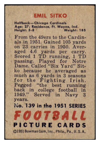 1951 Bowman Football #139 Emil Sitko Cardinals EX-MT 489791