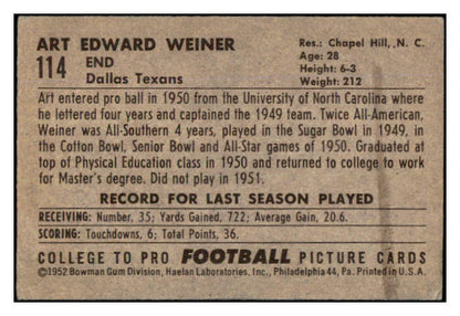 1952 Bowman Small Football #114 Art Weiner Texans EX+ 489823