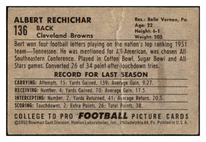 1952 Bowman Small Football #136 Al Rechichar Browns Good 489828