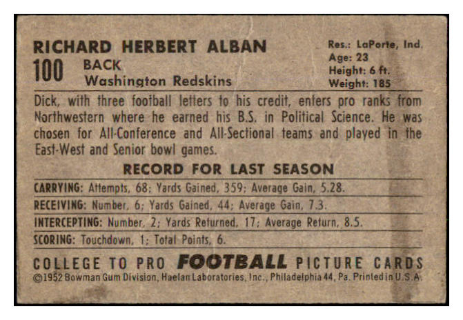 1952 Bowman Small Football #100 Dick Alban Washington EX+ 489834
