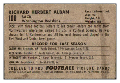 1952 Bowman Small Football #100 Dick Alban Washington EX+ 489834