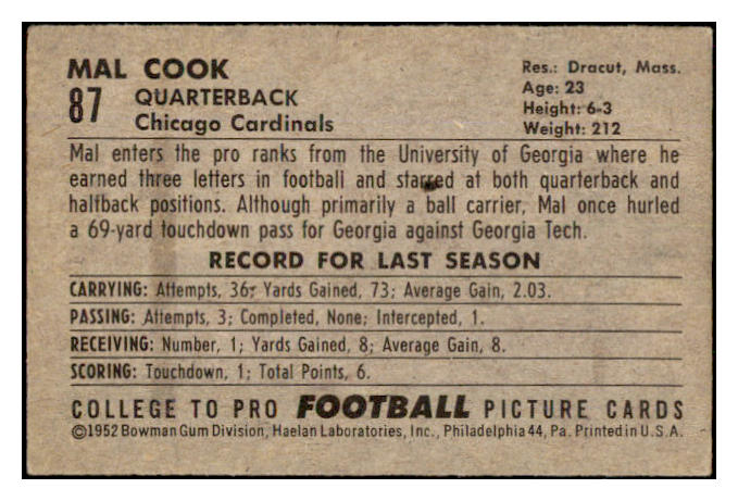 1952 Bowman Small Football #087 Mal Cook Cardinals VG-EX 489838