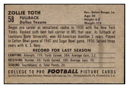 1952 Bowman Small Football #058 Zollie Toth Texans EX-MT 489860