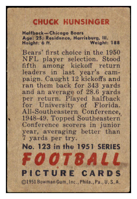 1951 Bowman Football #123 Chuck Hunsinger Bears VG-EX 489890