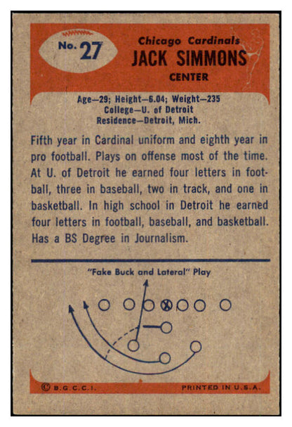 1955 Bowman Football #027 Jack Simmons Cardinals NR-MT 490068