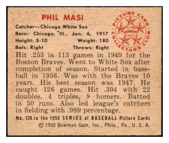 1950 Bowman Baseball #128 Phil Masi White Sox EX-MT 490143