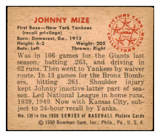 1950 Bowman Baseball #139 Johnny Mize Yankees EX-MT 490144