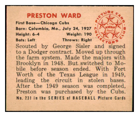 1950 Bowman Baseball #231 Preston Ward Cubs NR-MT No Copyright 490155