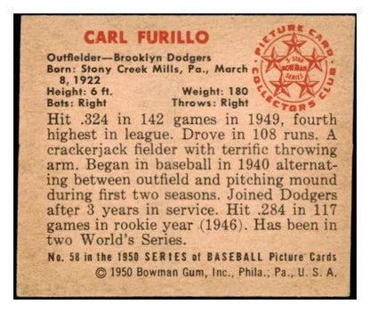 1950 Bowman Baseball #058 Carl Furillo Dodgers EX-MT 490164