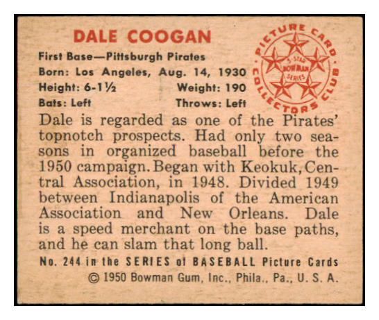 1950 Bowman Baseball #244 Dale Coogan Pirates NR-MT Copyright 490222