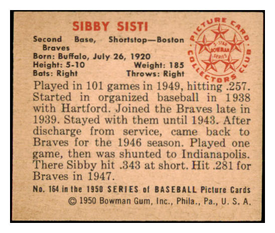 1950 Bowman Baseball #164 Sibby Sisti Braves EX-MT 490269