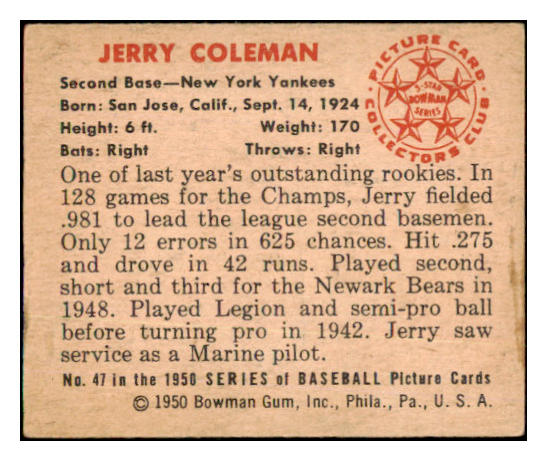 1950 Bowman Baseball #047 Jerry Coleman Yankees EX 490313