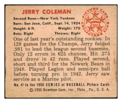 1950 Bowman Baseball #047 Jerry Coleman Yankees EX 490313