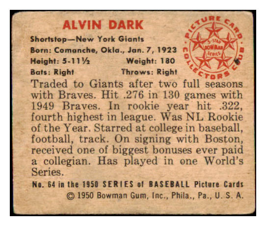 1950 Bowman Baseball #064 Alvin Dark Giants VG 490315