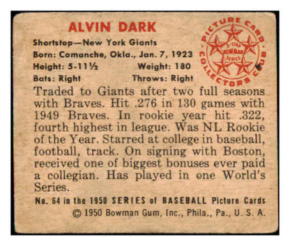 1950 Bowman Baseball #064 Alvin Dark Giants VG 490315