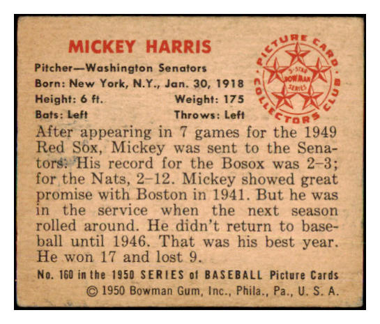 1950 Bowman Baseball #160 Mickey Harris Senators EX-MT 490343