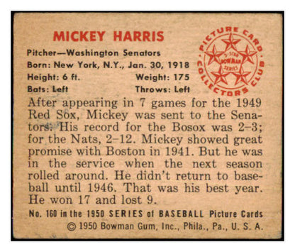 1950 Bowman Baseball #160 Mickey Harris Senators EX-MT 490343