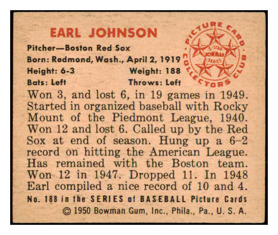 1950 Bowman Baseball #188 Earl Johnson Red Sox EX-MT Copyright 490347