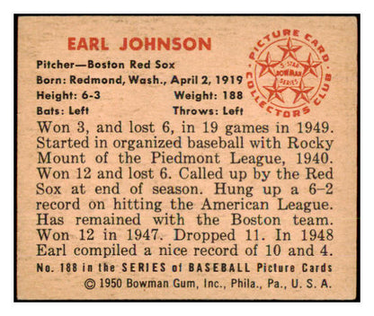 1950 Bowman Baseball #188 Earl Johnson Red Sox EX-MT Copyright 490347