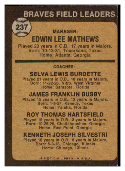 1973 Topps Baseball #237 Eddie Mathews Braves EX 490557