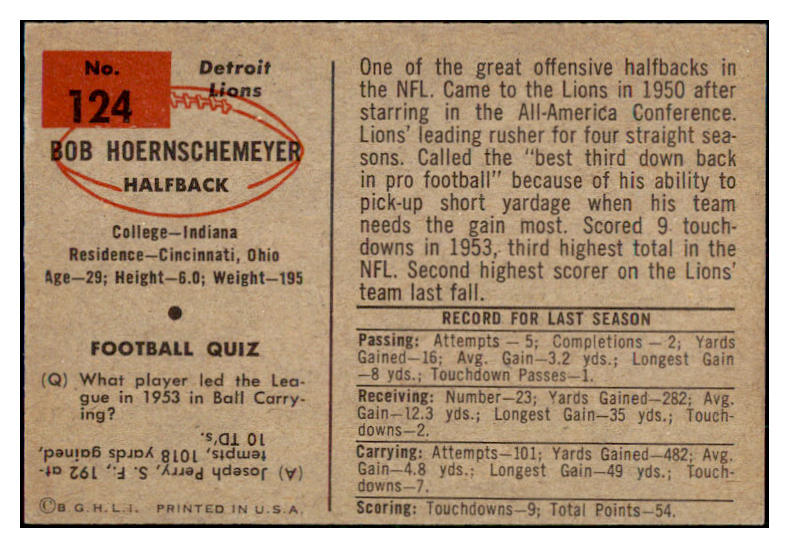 1954 Bowman Football #124 Bob Hoernschemeyer Lions EX-MT 490575