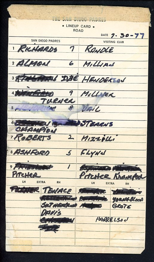 July 30 1977 San Diego Padres At New York Mets Line Up Card 490700