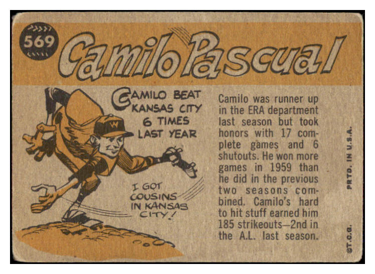 1960 Topps Baseball #569 Camilo Pascual A.S. Senators VG 490839