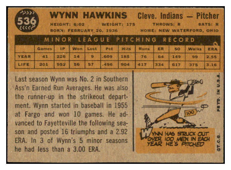 1960 Topps Baseball #536 Wynn Hawkins Indians EX-MT 490874