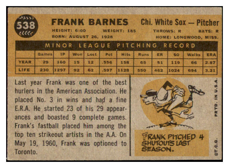 1960 Topps Baseball #538 Frank Barnes White Sox EX 490886