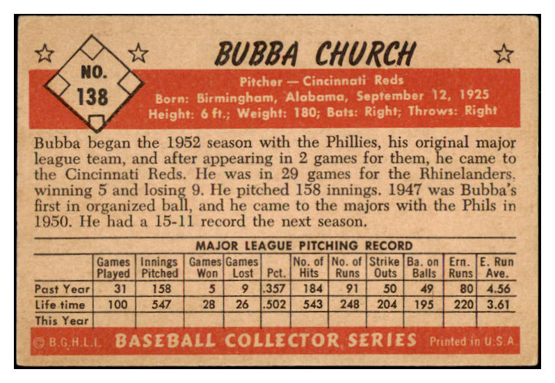 1953 Bowman Color Baseball #138 Bubba Church Reds VG-EX 490925