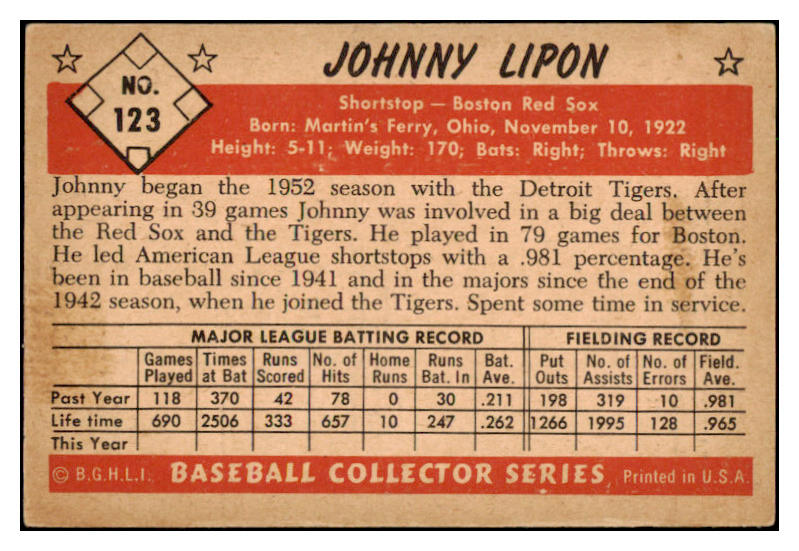 1953 Bowman Color Baseball #123 Johnny Lipon Red Sox VG-EX 490934