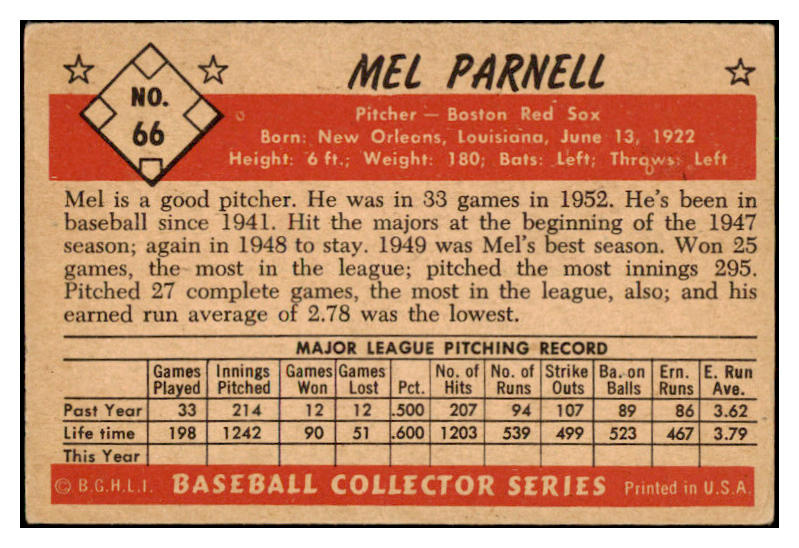 1953 Bowman Color Baseball #066 Mel Parnell Red Sox VG-EX 490946