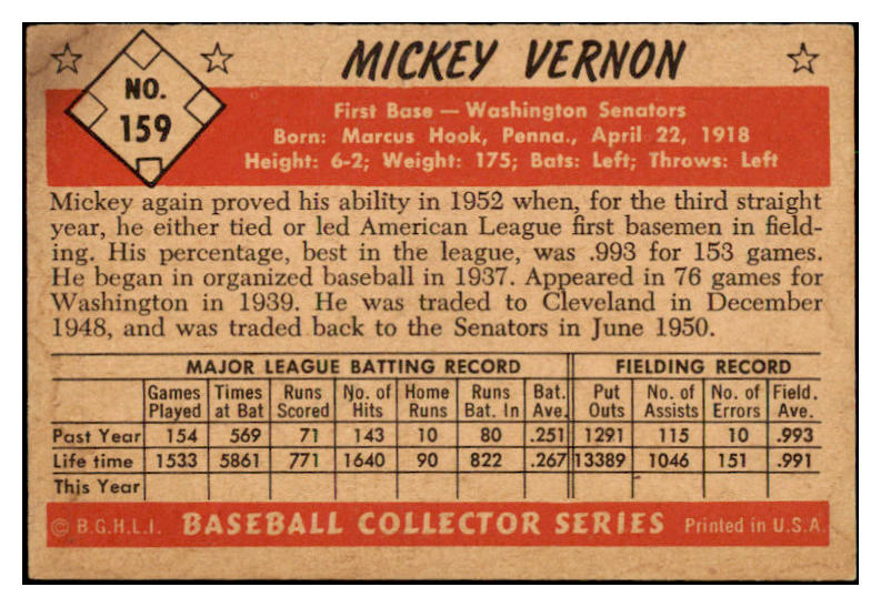 1953 Bowman Color Baseball #159 Mickey Vernon Senators VG-EX 490952